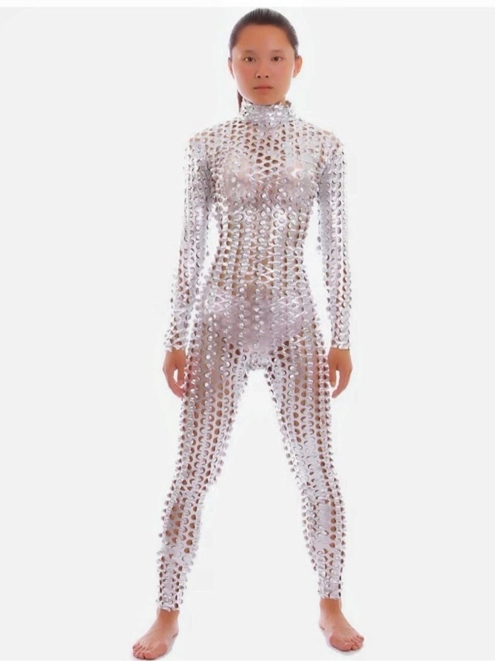 Silver Unisex Hollow-Carved Shiny Dancewear Catsuit Bodysuit Hollow-Carved